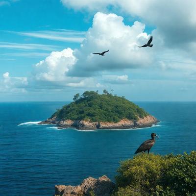 The primary subject of the image is a bird perched on a rocky outcrop overlooking the ocean. The setting is a beautiful blue ocean with a cloudy sky above. The visual style is a realistic photo of the bird and its surroundings. The colors and mood of the image are serene and peaceful, with the blue ocean and the cloudy sky creating a calming atmosphere.